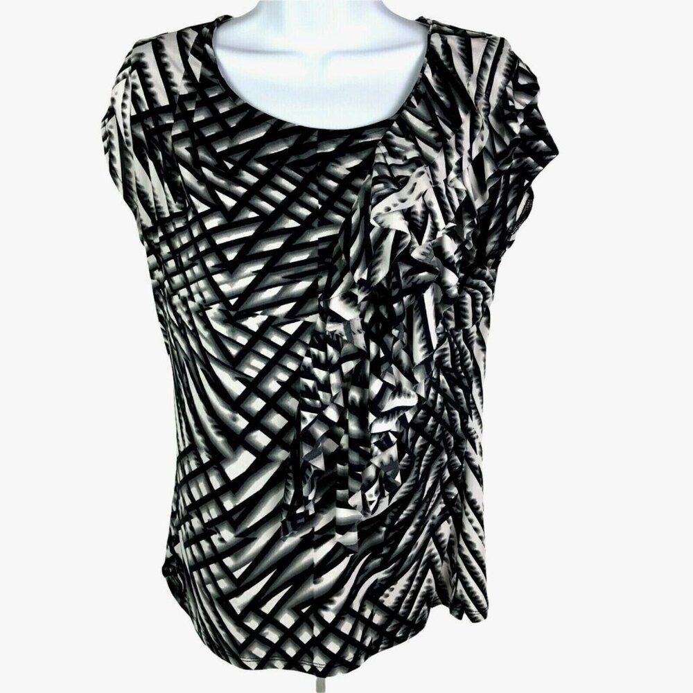 Worthington Stretch Blouse Women Size M Black Gray White Ruffles On Side